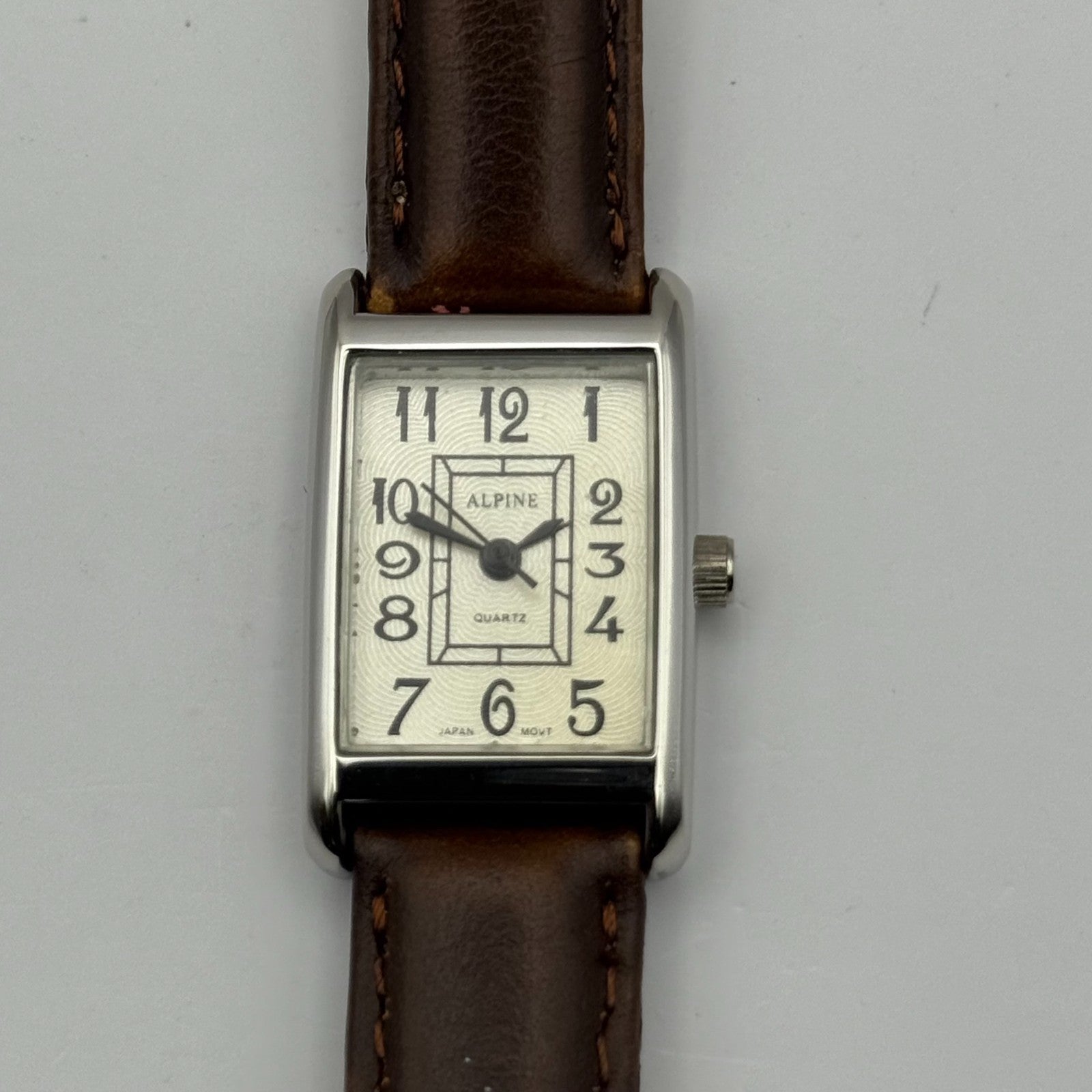 Alpine Ladies Quartz Watch Rectangle Dial Brown Leather Strap Japan Working 18mm