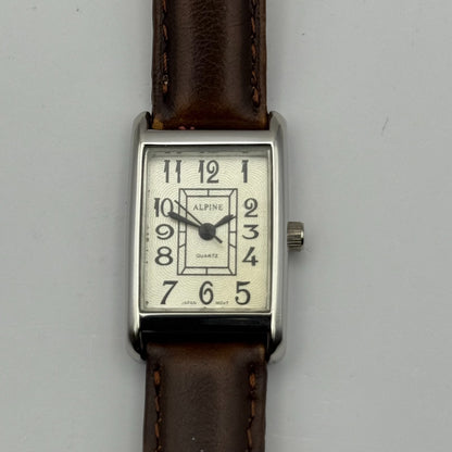 Alpine Ladies Quartz Watch Rectangle Dial Brown Leather Strap Japan Working 18mm