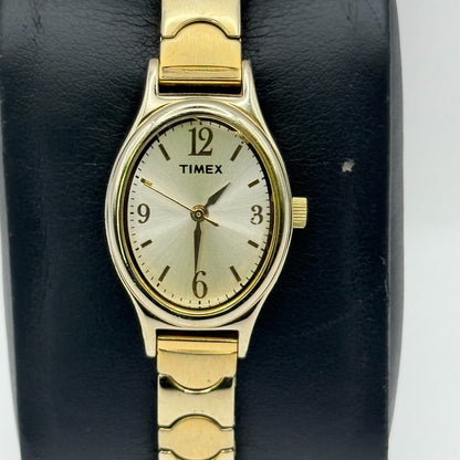 Timex Ladies Quartz Watch Oval Dial Gold Tone Stretch Band Steel Working 21mm