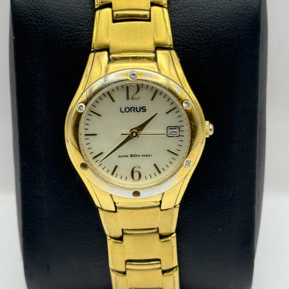 Lorus Ladies Quartz Watch Date Dial Gold Tone Bracelet Japan 24mm PARTS REPAIR