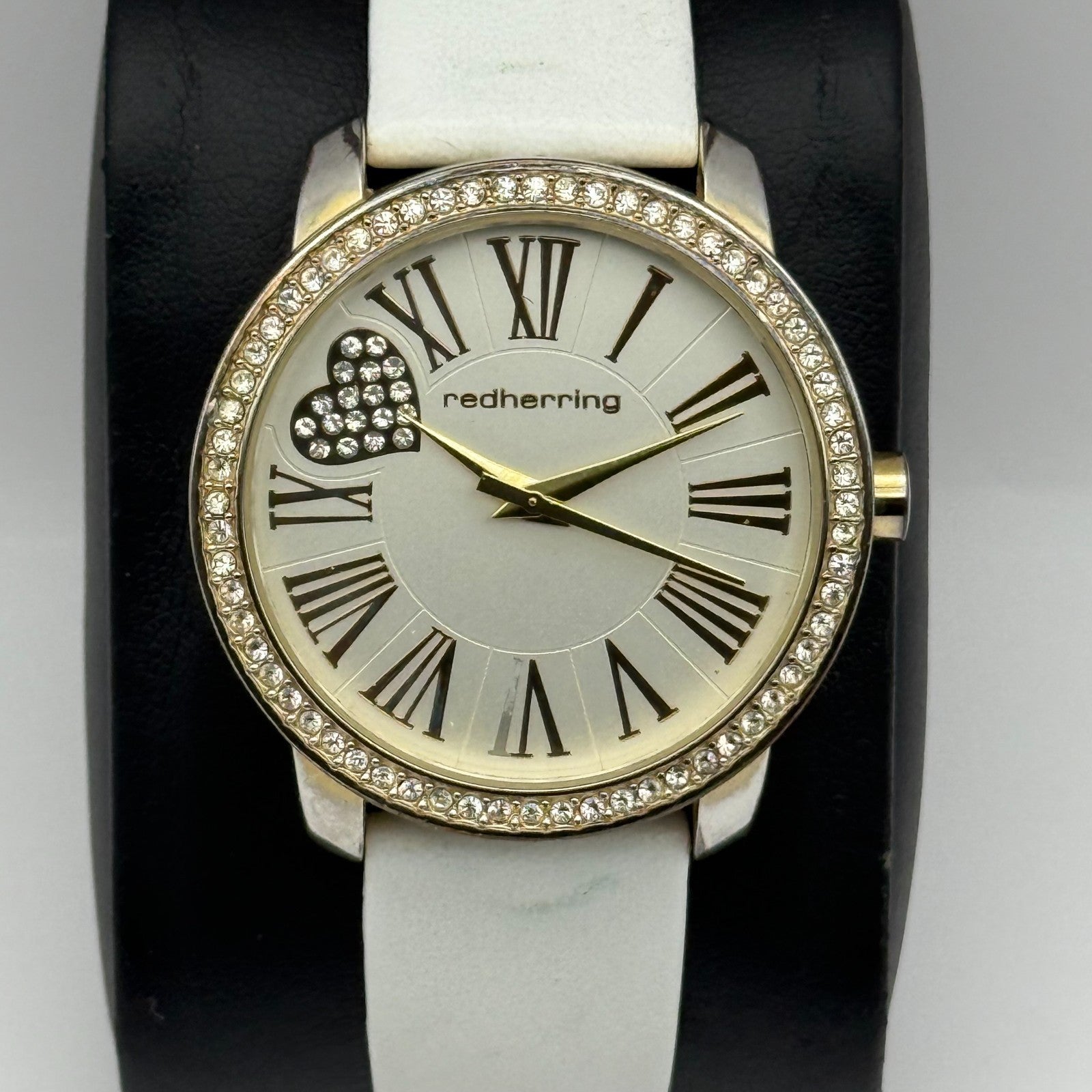 Redherring Ladies Quartz Watch Crystal Accents White Leather Strap Working 37mm