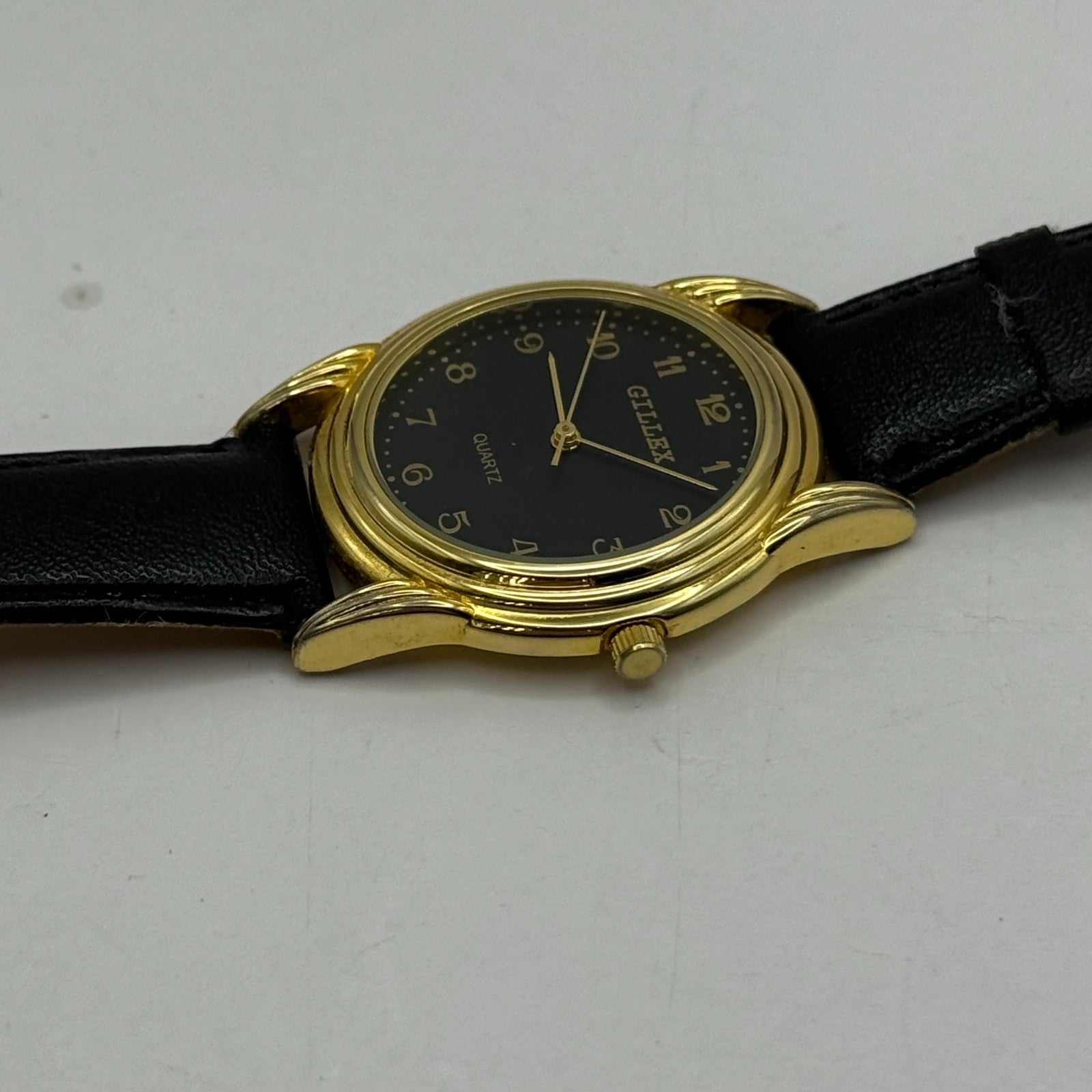 33mm Working Gillex Gold Plated Ladies Black Dial Strap Quartz Watch 6.5 Inches