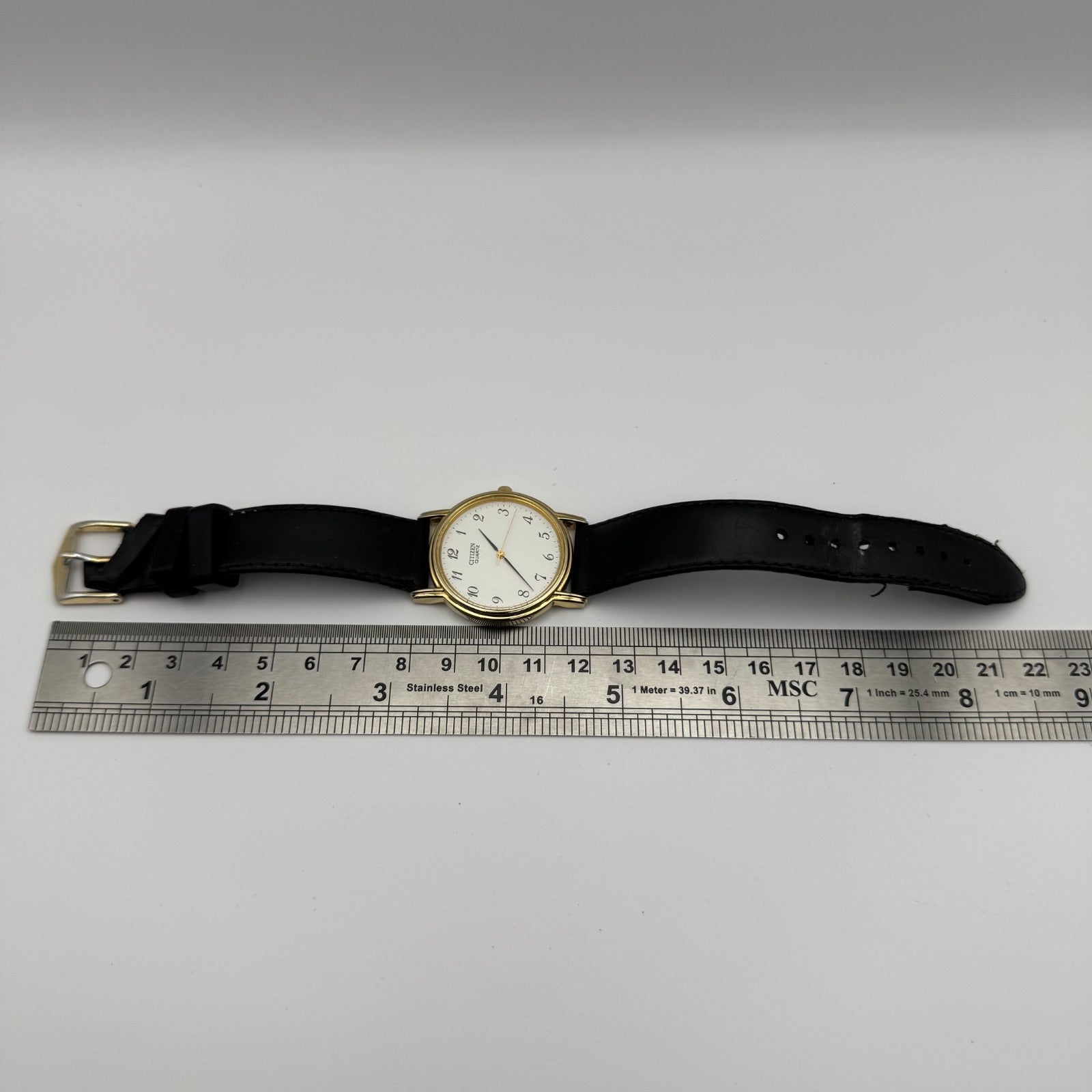 Citizen Ladies Quartz Watch Gold Tone White Dial Black Strap Japan Working 33mm