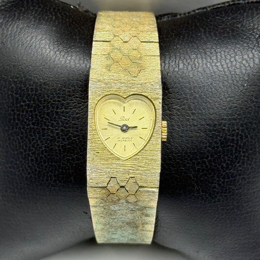 15mm Vintage Petit Bark Affect Heart Gold Plated Manual Wind Watch PARTS REPAIR