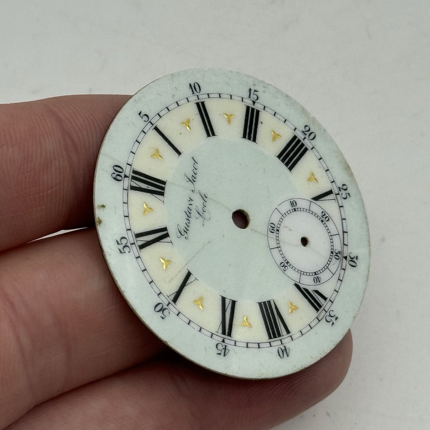 44.2mm Antique Gustave Jacot Locle Beautiful Porcelain Pocket Watch Dial Spares
