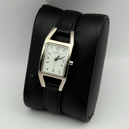 Anne Klein Ladies Quartz Watch White Dial Black Leather Strap Japan Working 18mm