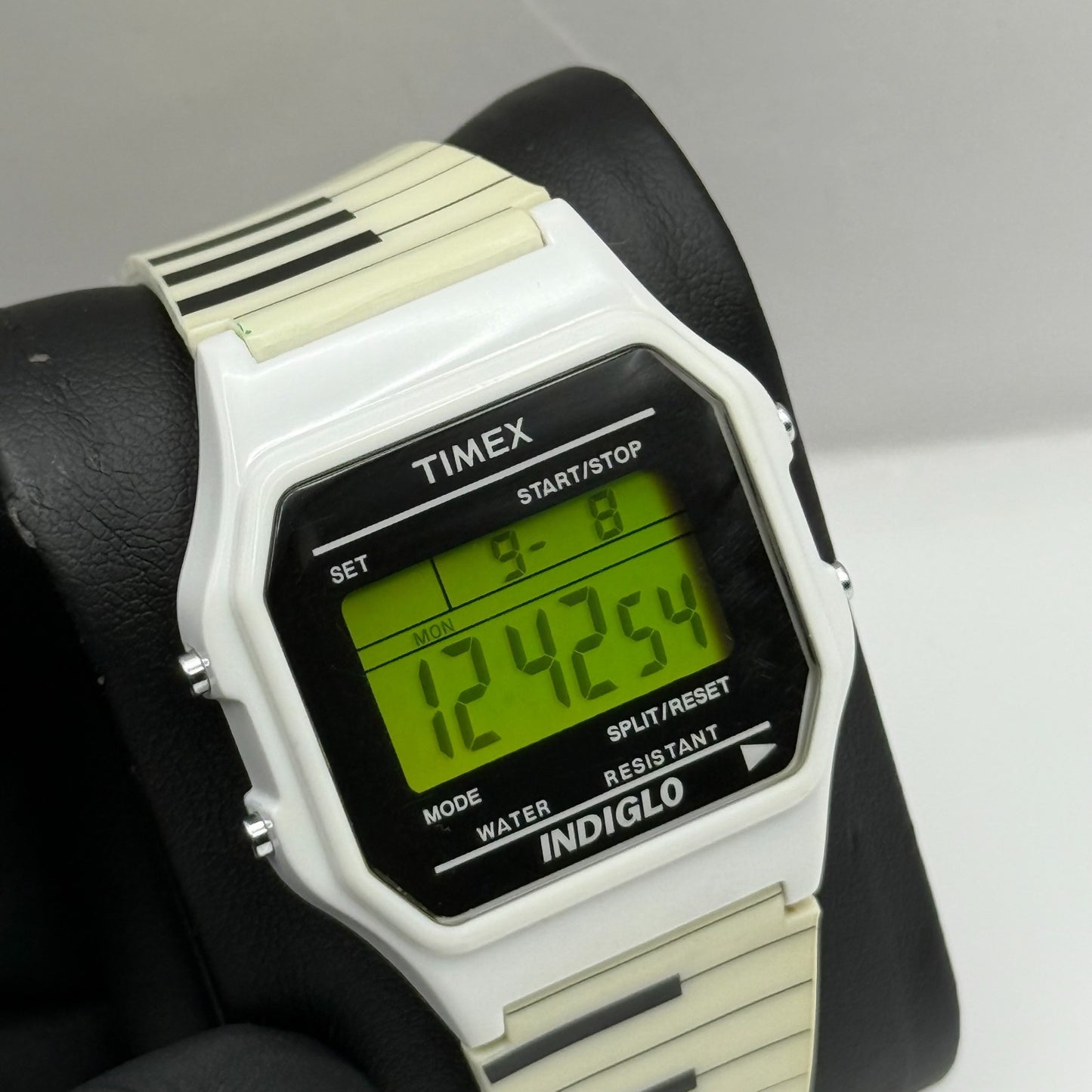 Timex Indiglo Digital Quartz Watch Piano Strap White Black Strap Working 34mm