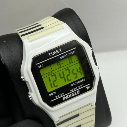 Timex Indiglo Digital Quartz Watch Piano Strap White Black Strap Working 34mm