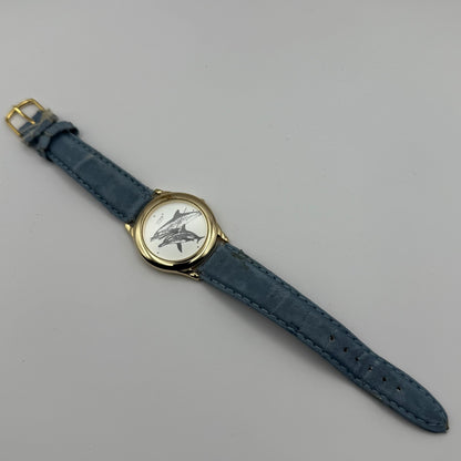 Citron Ladies Quartz Watch Dolphin Dial Gold Tone Blue Strap Working 35mm