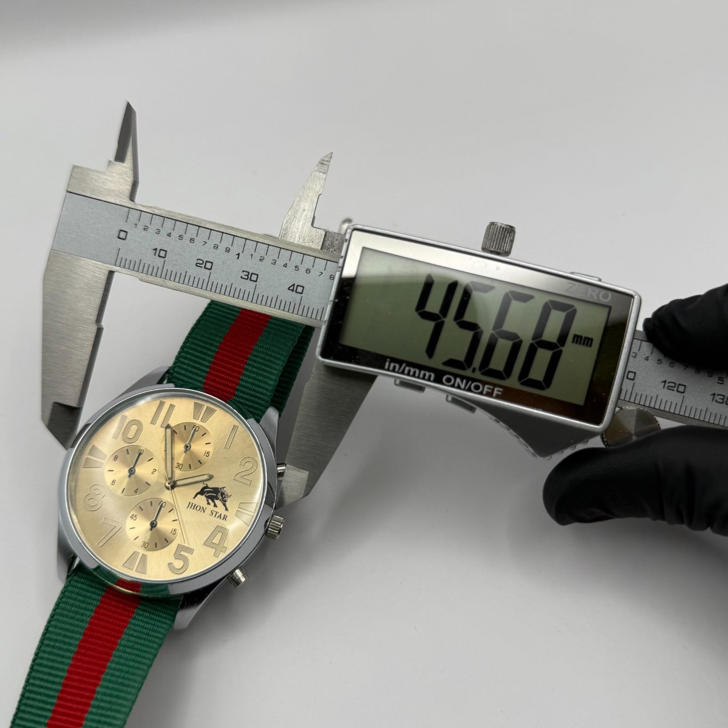 Jhon Star Men’s Quartz Watch Chronograph Gold Dial Green Red Strap Working 45mm