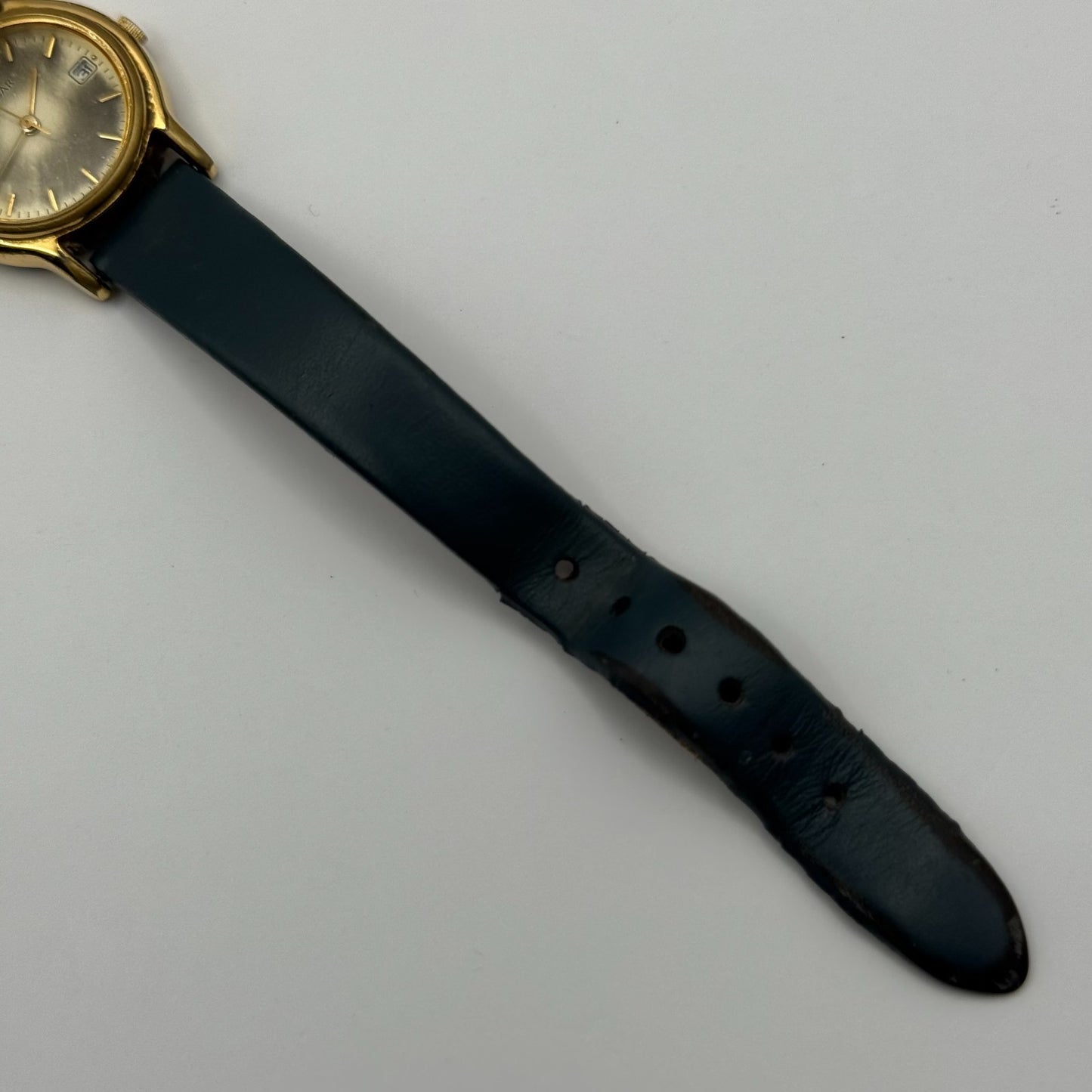 Pulsar Ladies Quartz Watch Date Dial Gold Tone Blue Leather Strap Working 24mm