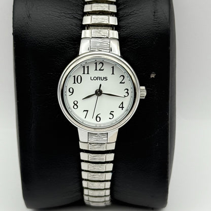 Lorus Ladies Quartz Watch White Dial Silver Tone Stretch Band Japan Working 23mm