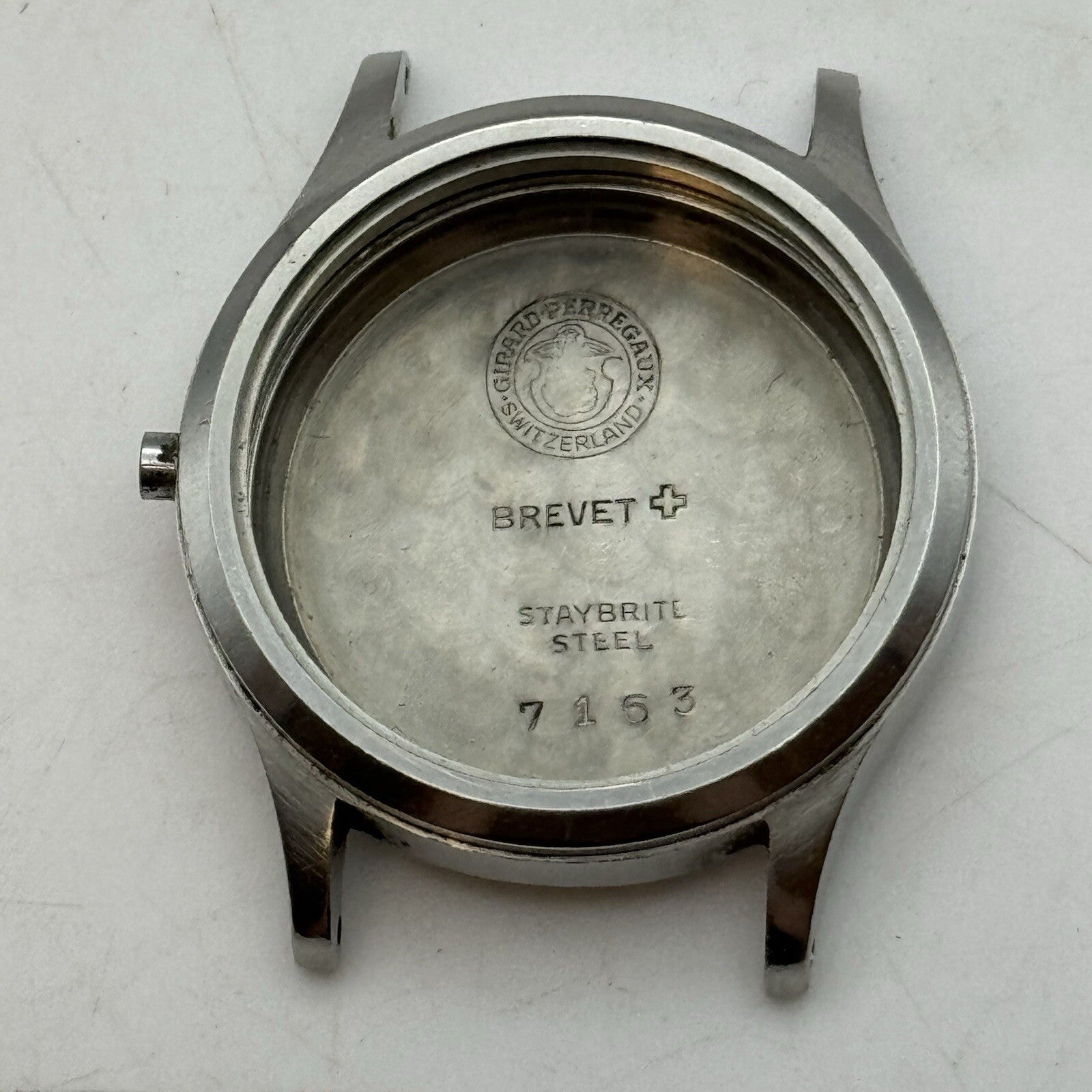 29.5mm Vintage Girard Perregaux 7163 Engraved Watch Case StayBrite Steel Brevet