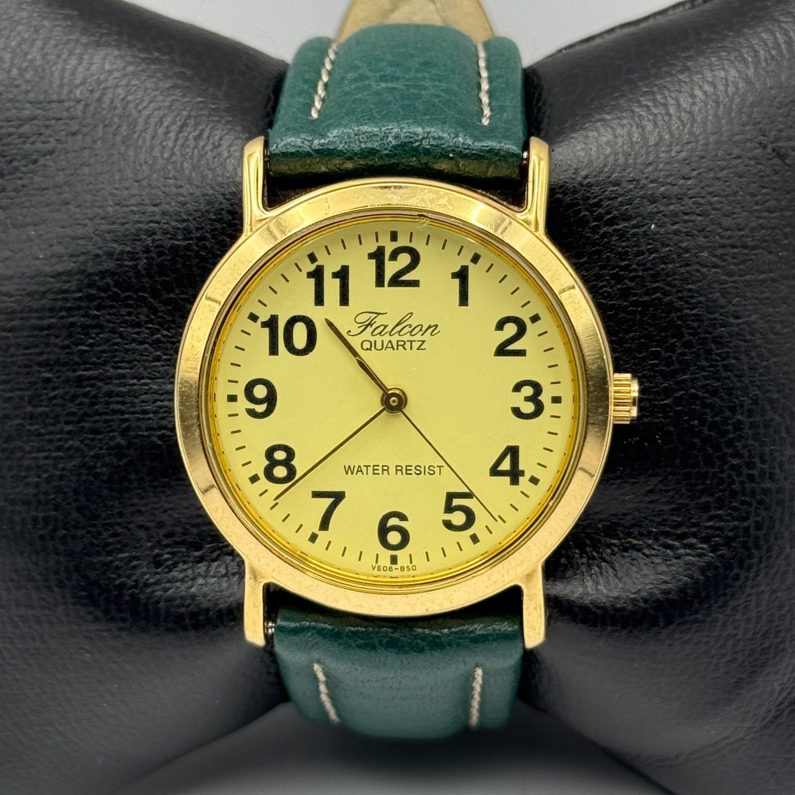 Falcon Ladies Quartz Watch Gold Tone Case Green Leather Strap Working 30mm