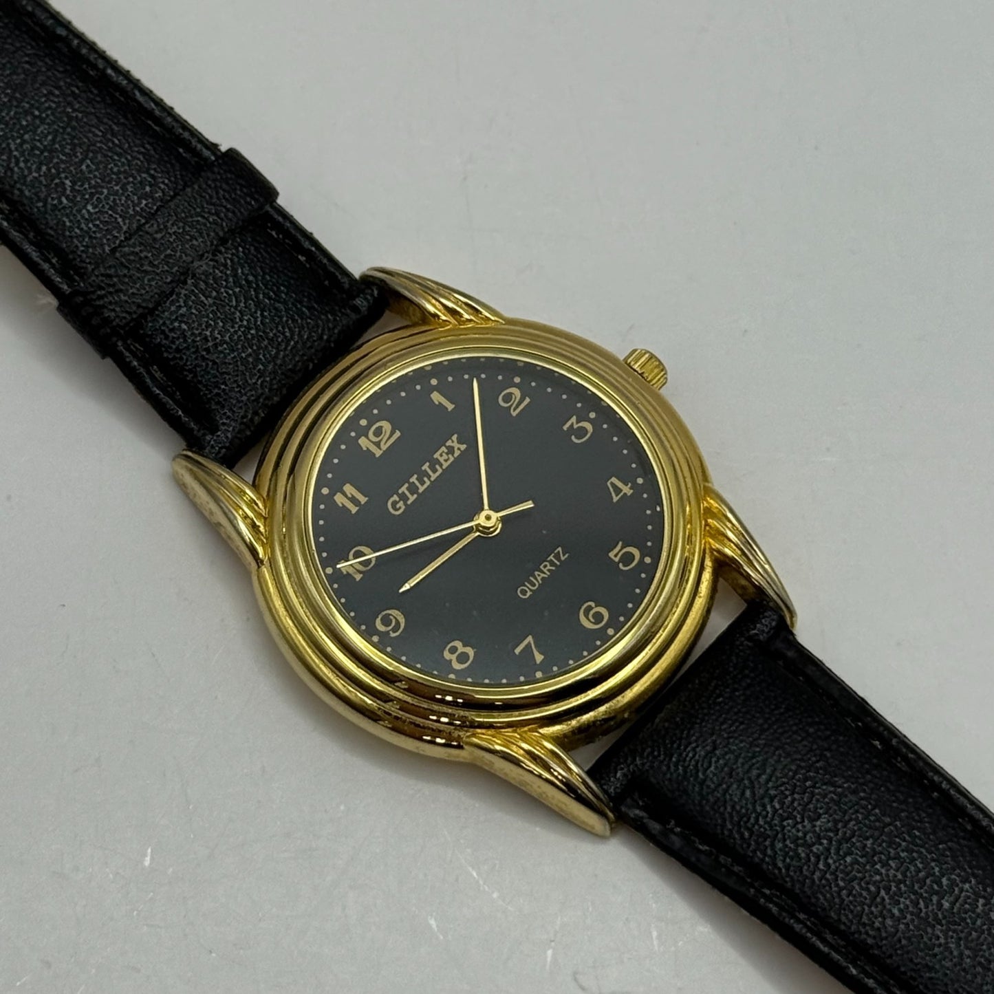 33mm Working Gillex Gold Plated Ladies Black Dial Strap Quartz Watch 6.5 Inches