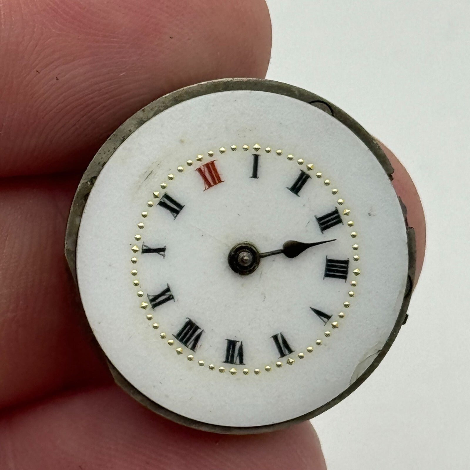 23.6mm Unidentified Porcelain Dial Trench Watch Movement Manual Wind FOR PARTS