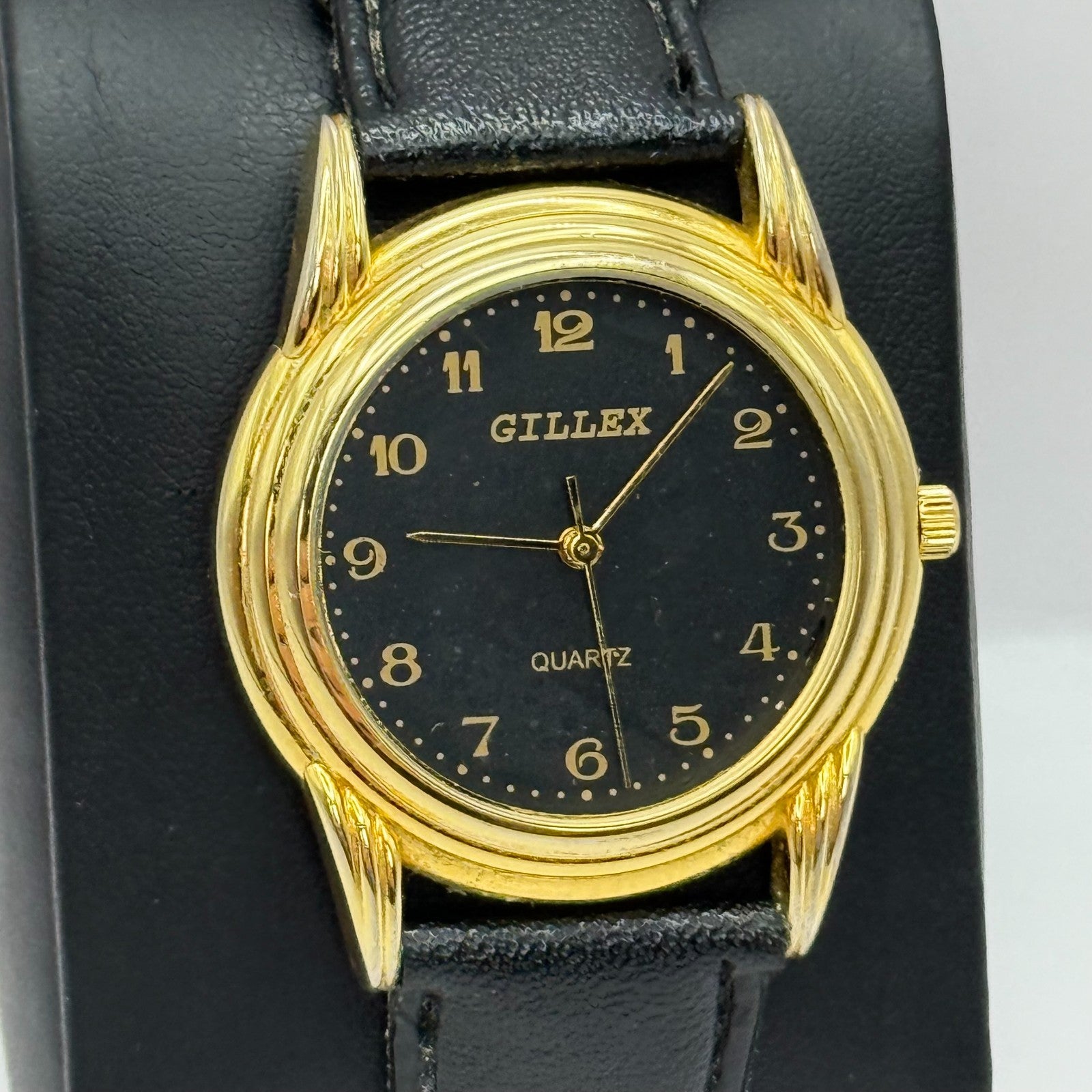 33mm Working Gillex Gold Plated Ladies Black Dial Strap Quartz Watch 6.5 Inches