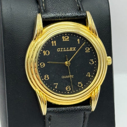 33mm Working Gillex Gold Plated Ladies Black Dial Strap Quartz Watch 6.5 Inches