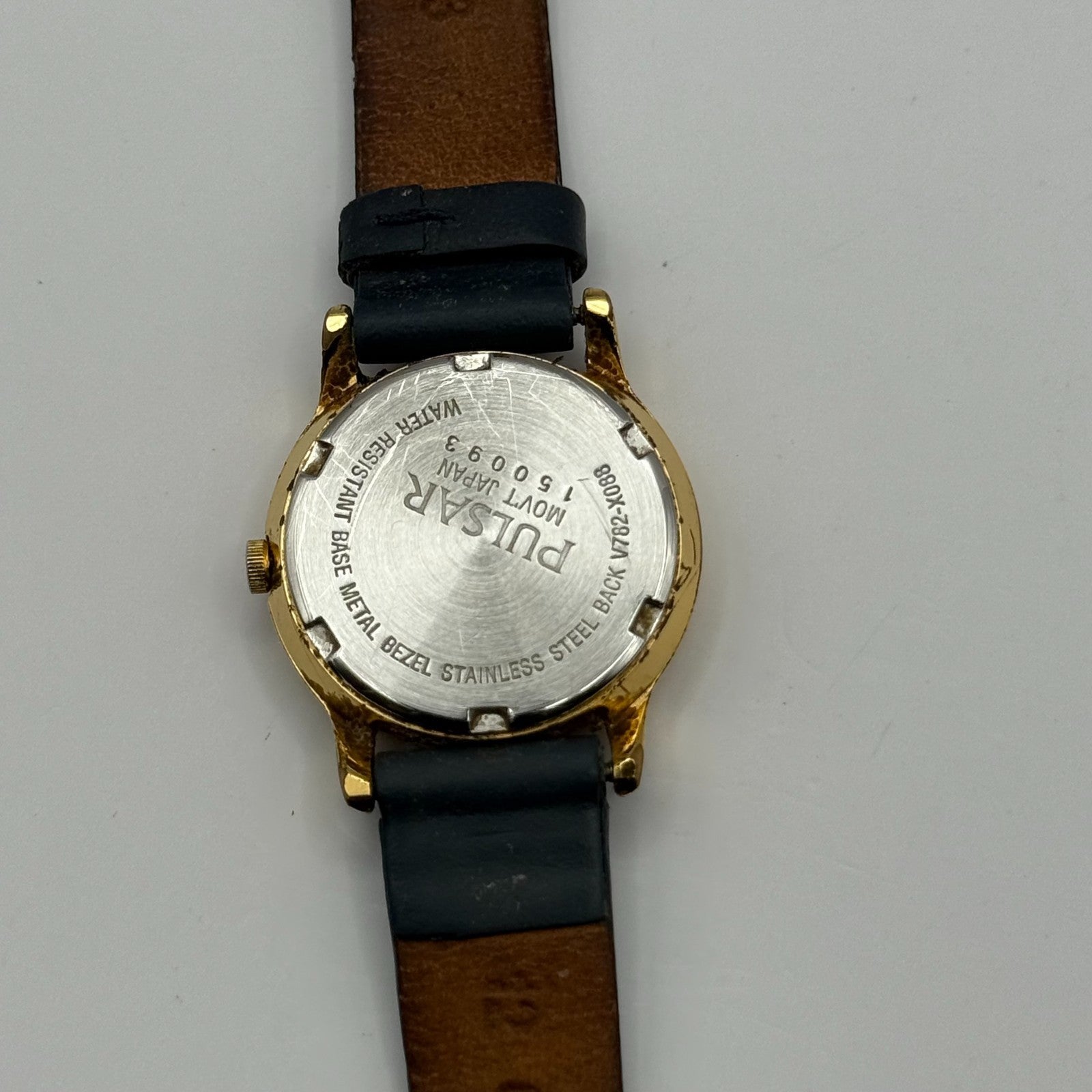 Pulsar Ladies Quartz Watch Date Dial Gold Tone Blue Leather Strap Working 24mm