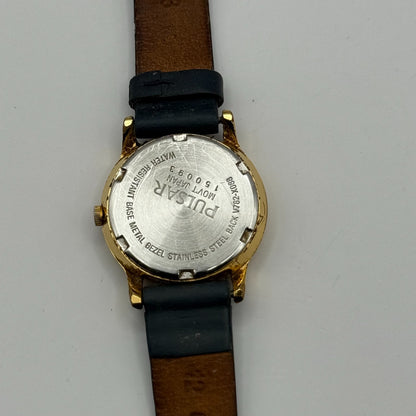 Pulsar Ladies Quartz Watch Date Dial Gold Tone Blue Leather Strap Working 24mm