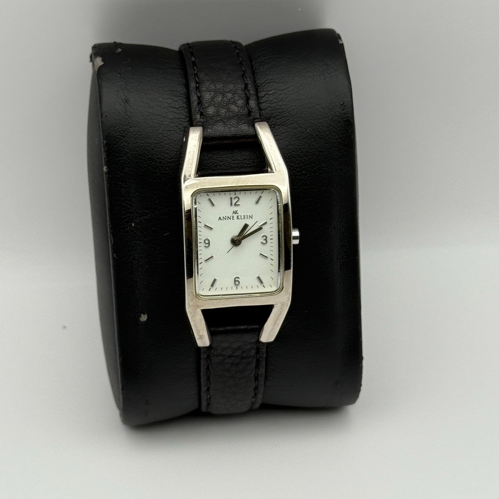 Anne Klein Ladies Quartz Watch White Dial Black Leather Strap Japan Working 18mm