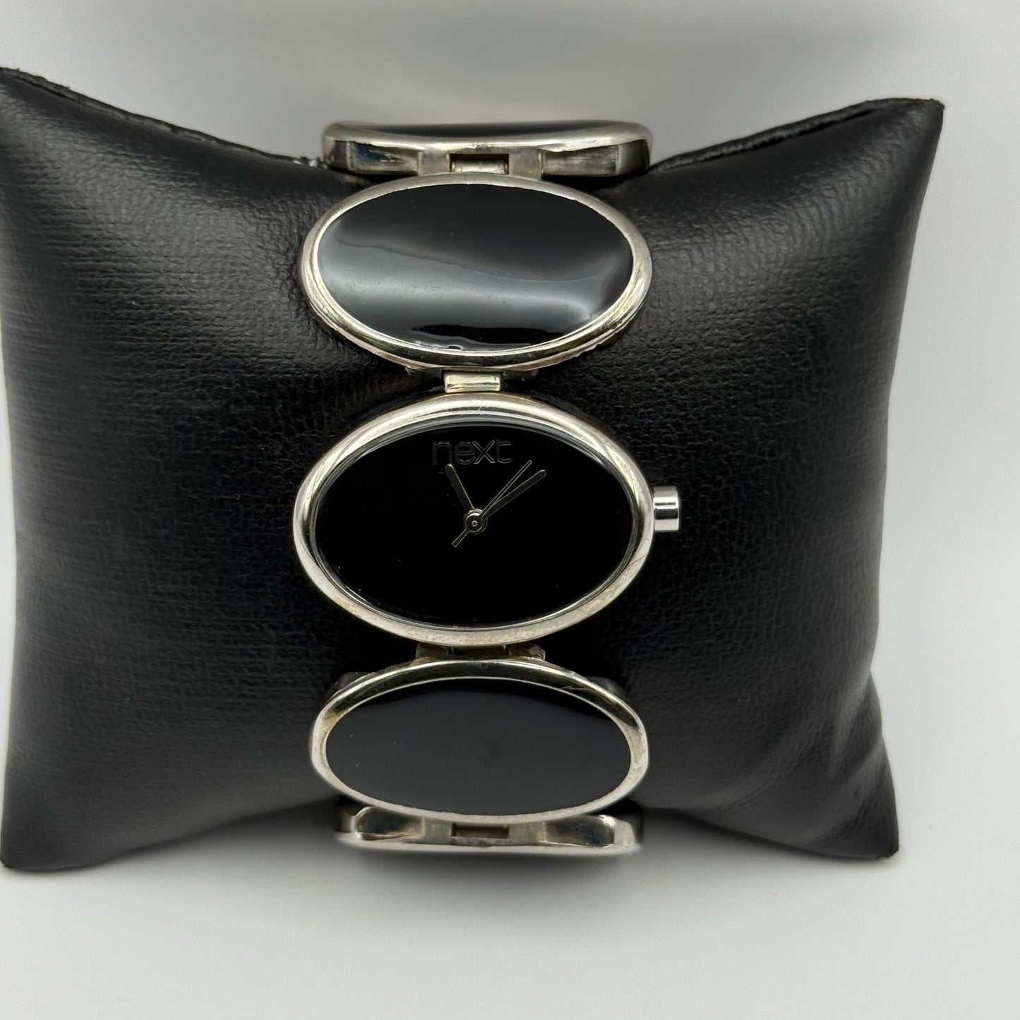 Next Ladies Quartz Watch Black Silver Tone Oval Bracelet Working 30mm 6 Inches