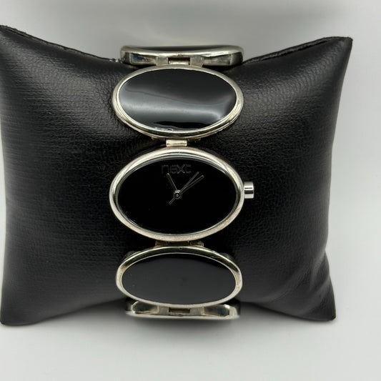 Next Ladies Quartz Watch Black Silver Tone Oval Bracelet Working 30mm 6 Inches