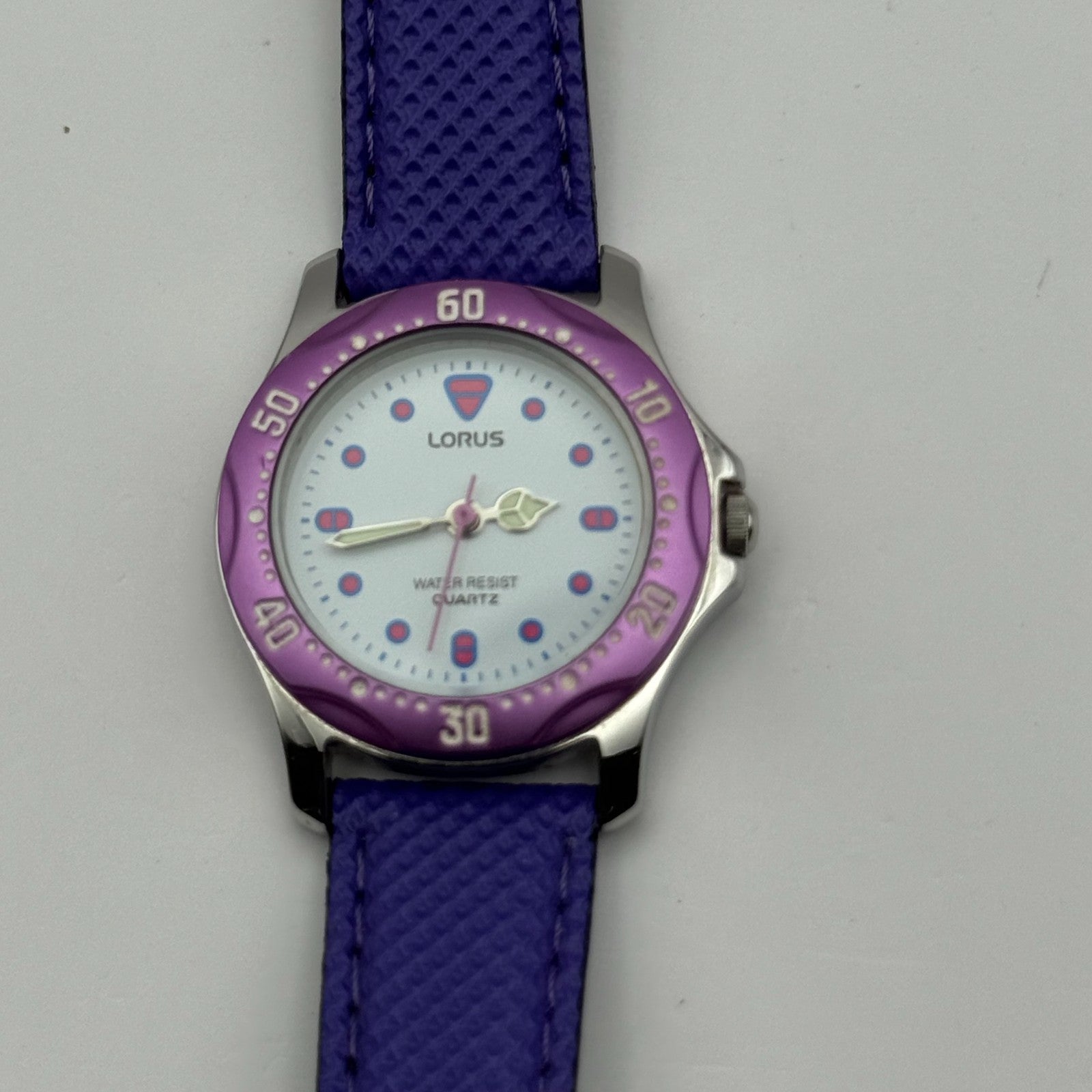 Lorus Quartz Watch White Dial Purple Strap Bezel Japan Working 26mm New Battery