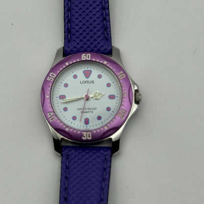 Lorus Quartz Watch White Dial Purple Strap Bezel Japan Working 26mm New Battery
