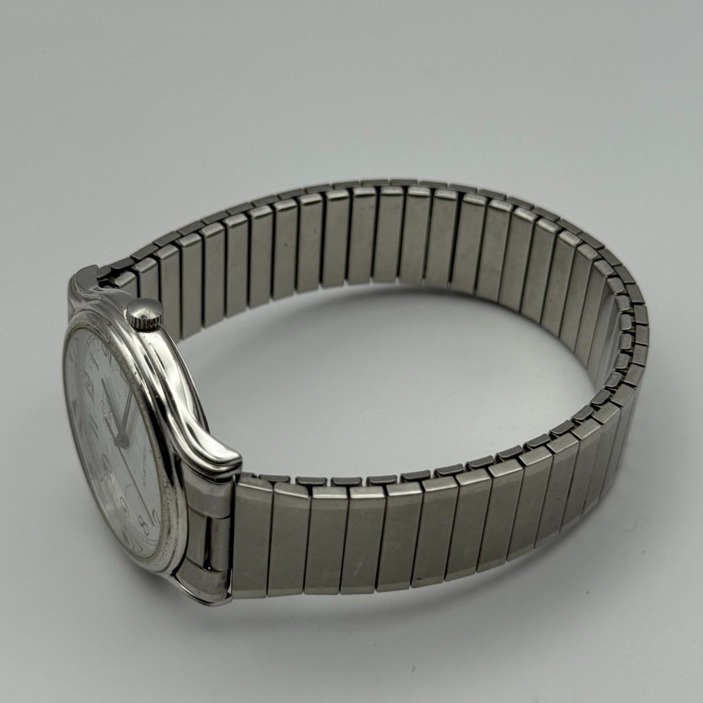 Adina Design Ladies Quartz Watch Date Dial Silver Tone Stretch Band Working 33mm