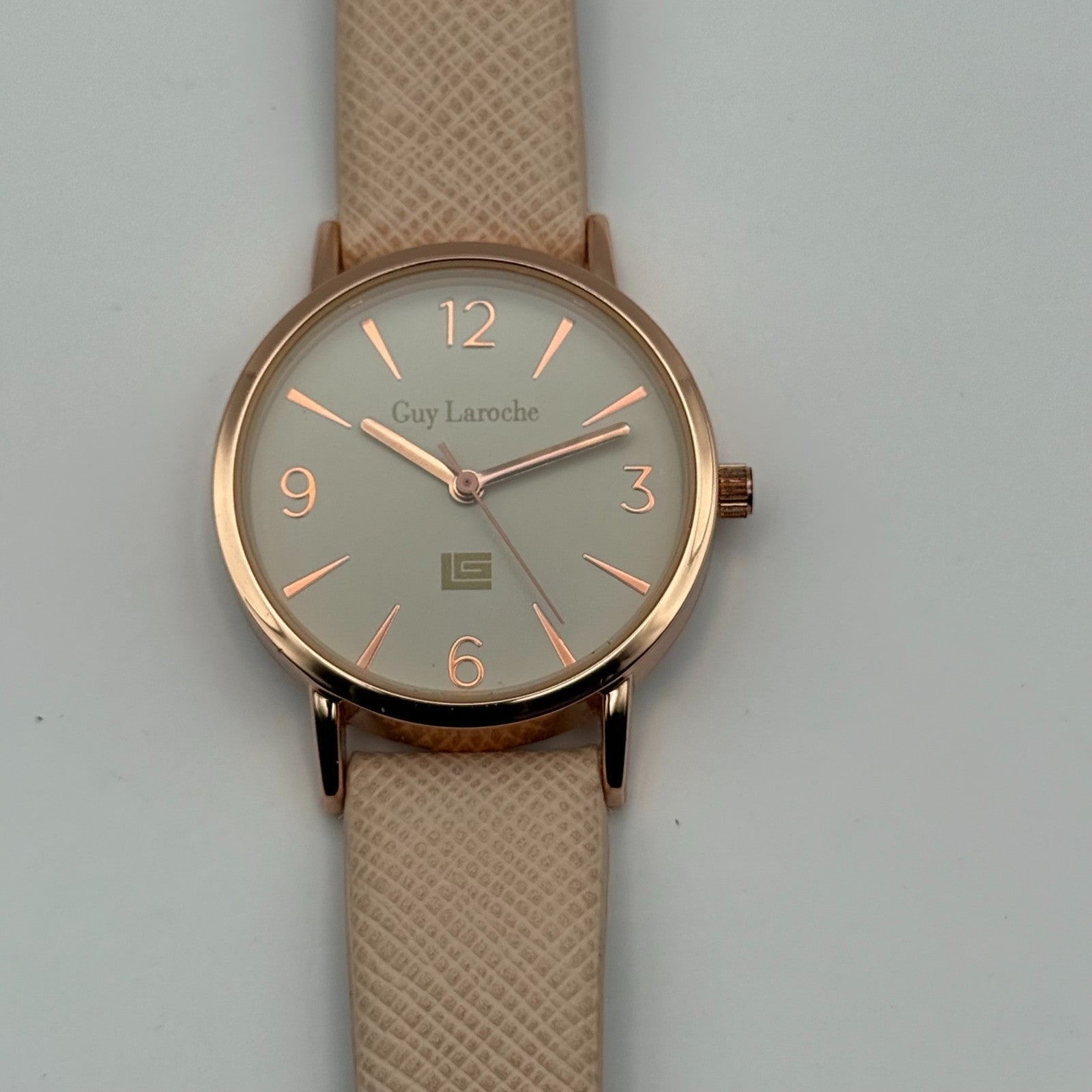 Guy Laroche Ladies Quartz Watch Rose Gold Tone Beige Strap Working 31mm