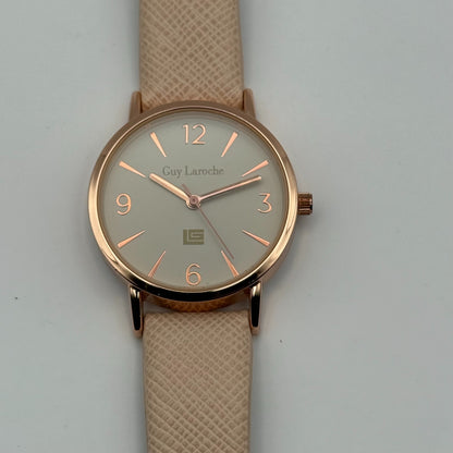 Guy Laroche Ladies Quartz Watch Rose Gold Tone Beige Strap Working 31mm