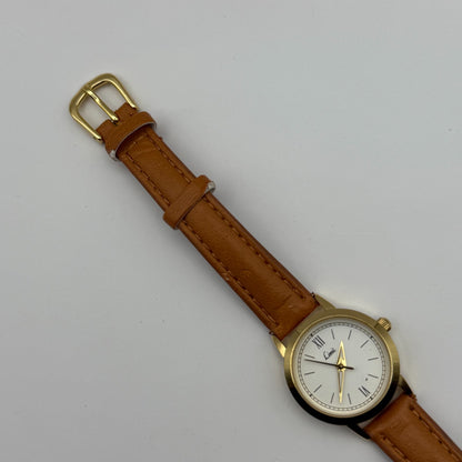 Limit Ladies Quartz Watch White Dial Gold Tone Case Brown Strap Working 25mm