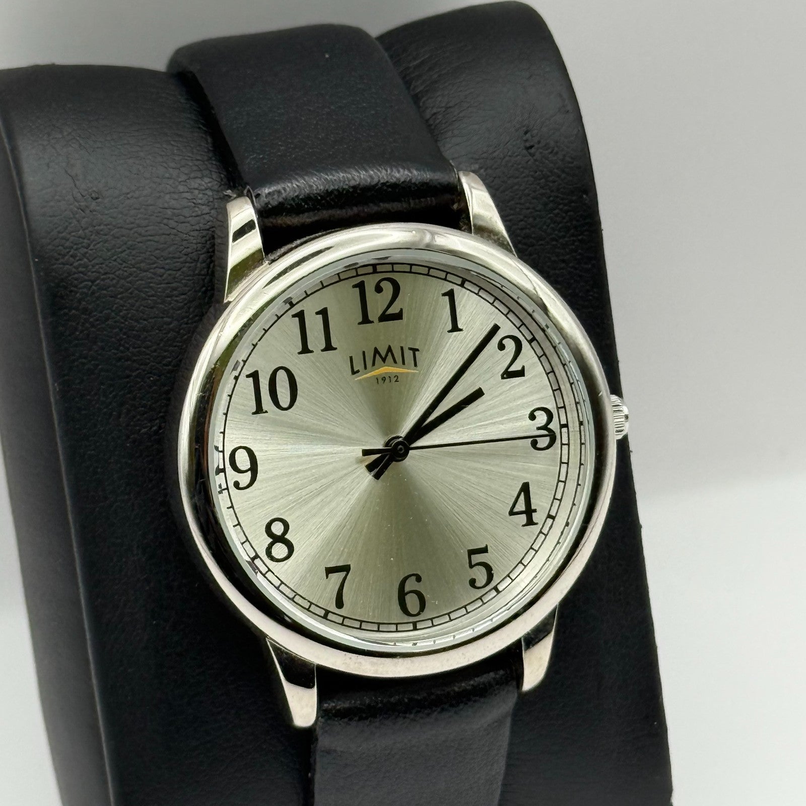 Limit 1912 Ladies Quartz Watch Silver Dial Black Strap Working 34mm New Battery