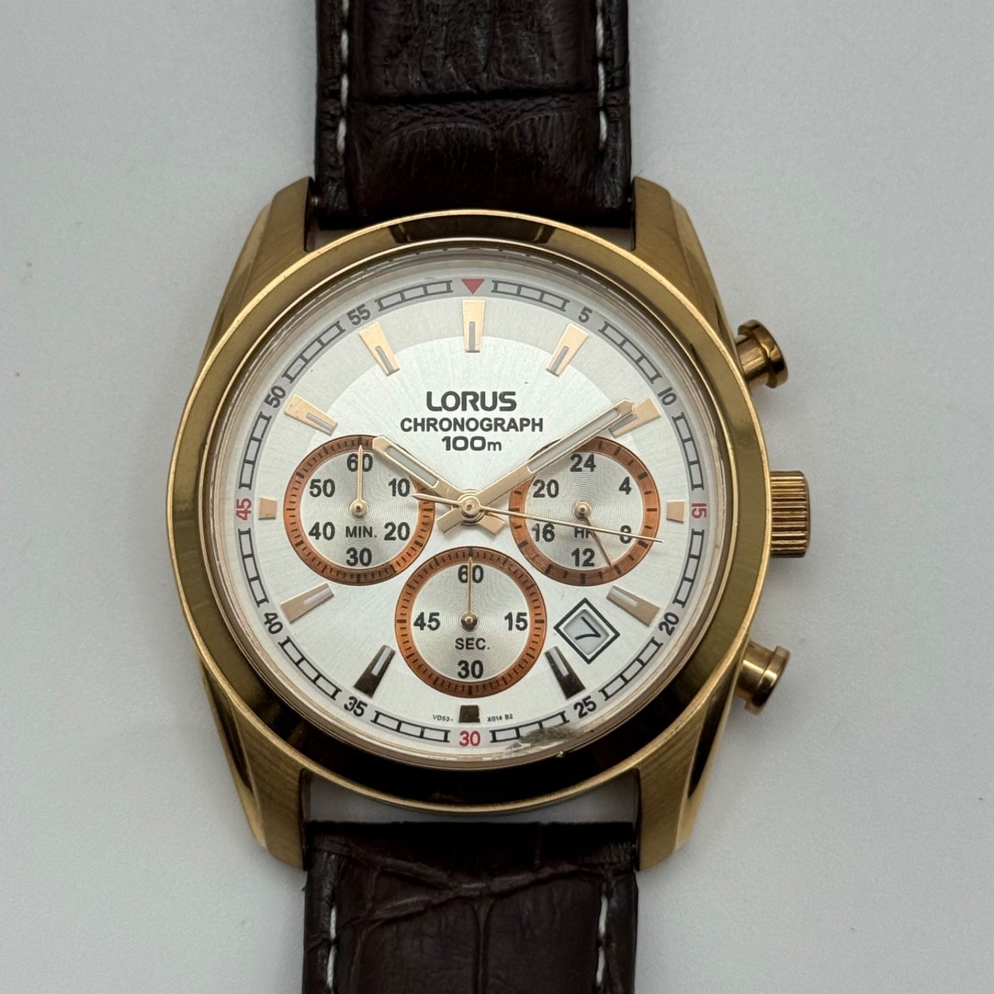 Lorus Chronograph Mens Watch 100M Quartz VD53-X024 Leather Strap 43mm Japan