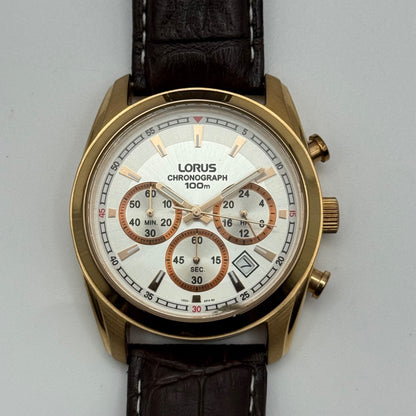 Lorus Chronograph Mens Watch 100M Quartz VD53-X024 Leather Strap 43mm Japan