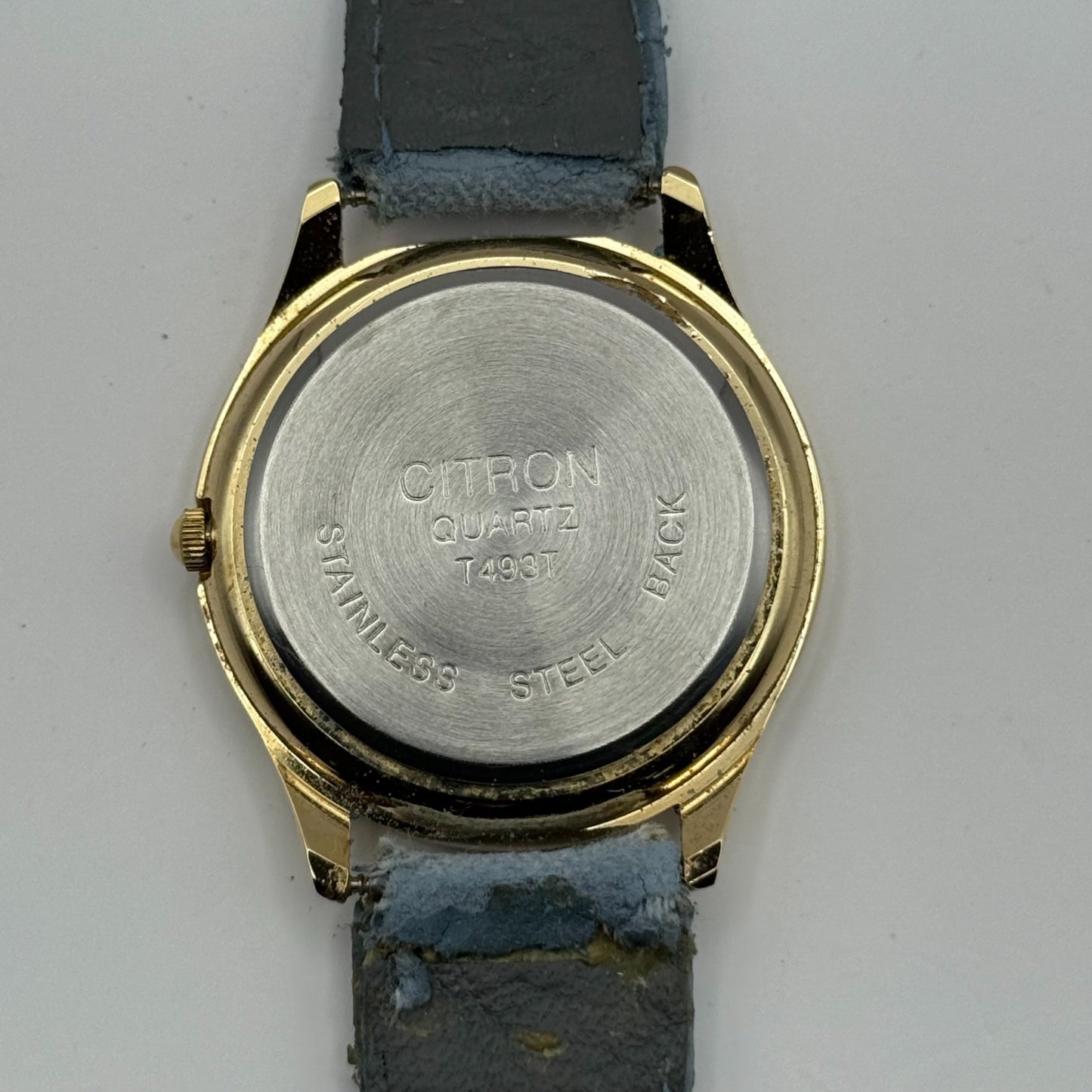 Citron Ladies Quartz Watch Dolphin Dial Gold Tone Blue Strap Working 35mm