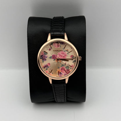 Kahuna Ladies Quartz Watch Floral Dial Black Leather Strap Working 30mm