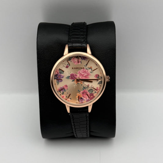 Kahuna Ladies Quartz Watch Floral Dial Black Leather Strap Working 30mm