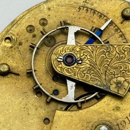 43.2mm Antique J J Pollard Hindley Key Wound Pocket Watch Movement PARTS REPAIR