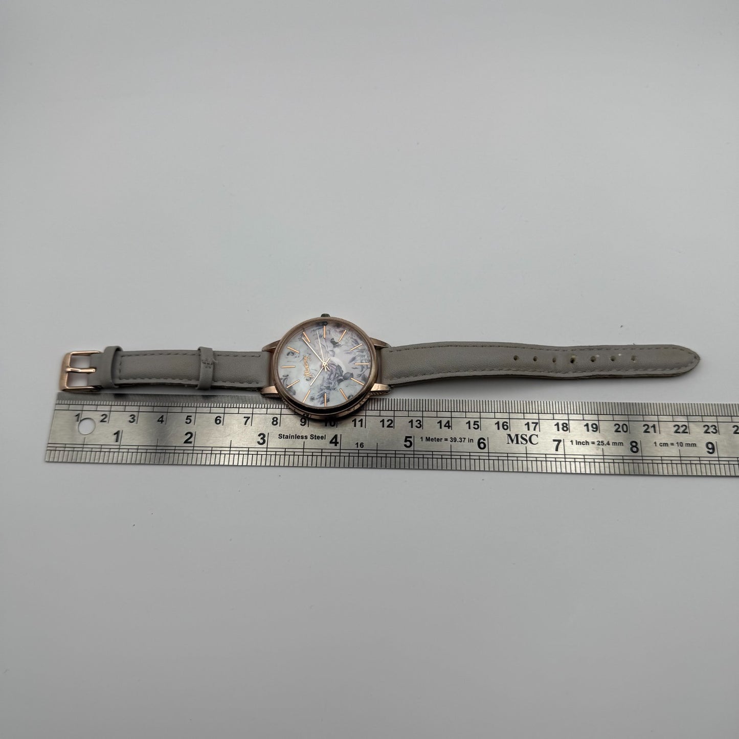 Mantaray Ladies Quartz Watch Floral Design Dial Grey Strap Japan Working 38mm