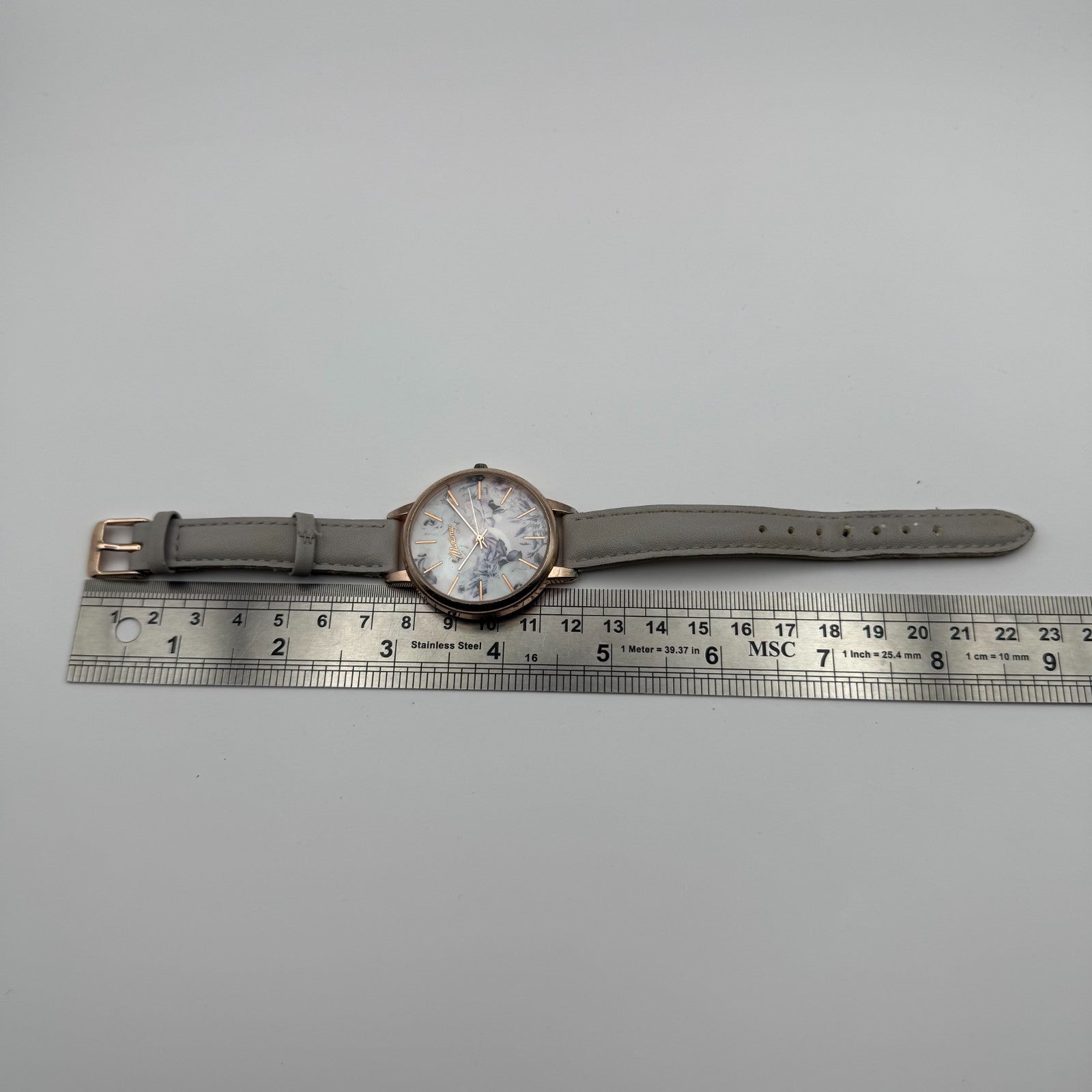 Mantaray Ladies Quartz Watch Floral Design Dial Grey Strap Japan Working 38mm