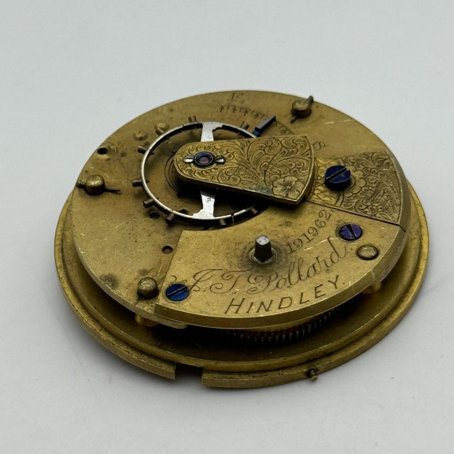 43.2mm Antique J J Pollard Hindley Key Wound Pocket Watch Movement PARTS REPAIR