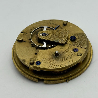 43.2mm Antique J J Pollard Hindley Key Wound Pocket Watch Movement PARTS REPAIR