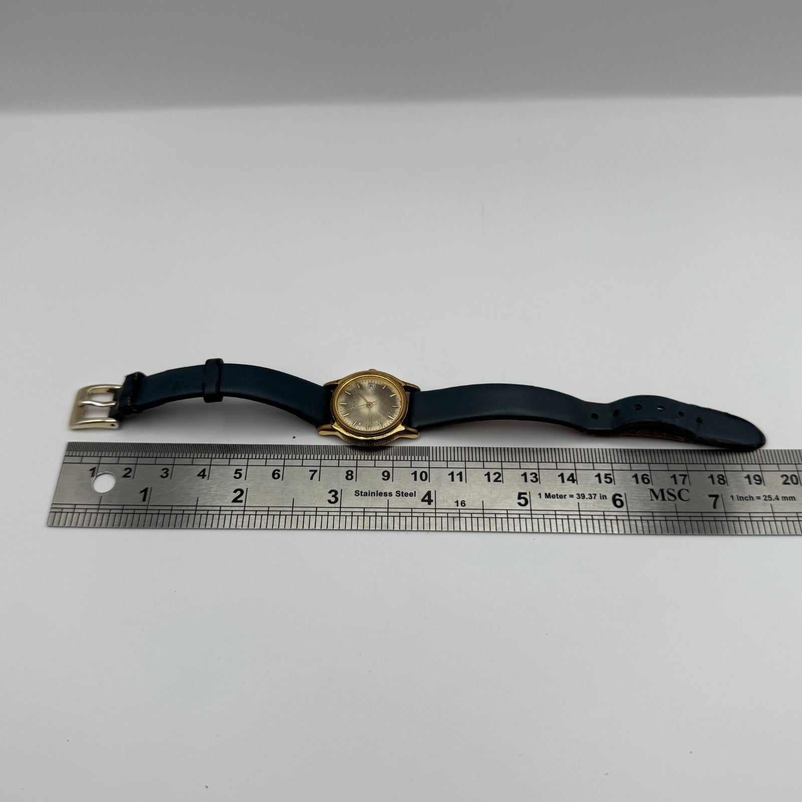 Pulsar Ladies Quartz Watch Date Dial Gold Tone Blue Leather Strap Working 24mm