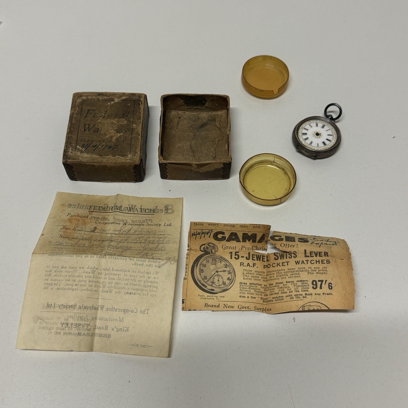 Antique Sterling Silver Patterned Dial Cylinder Pocket Watch & Outer Case PARTS