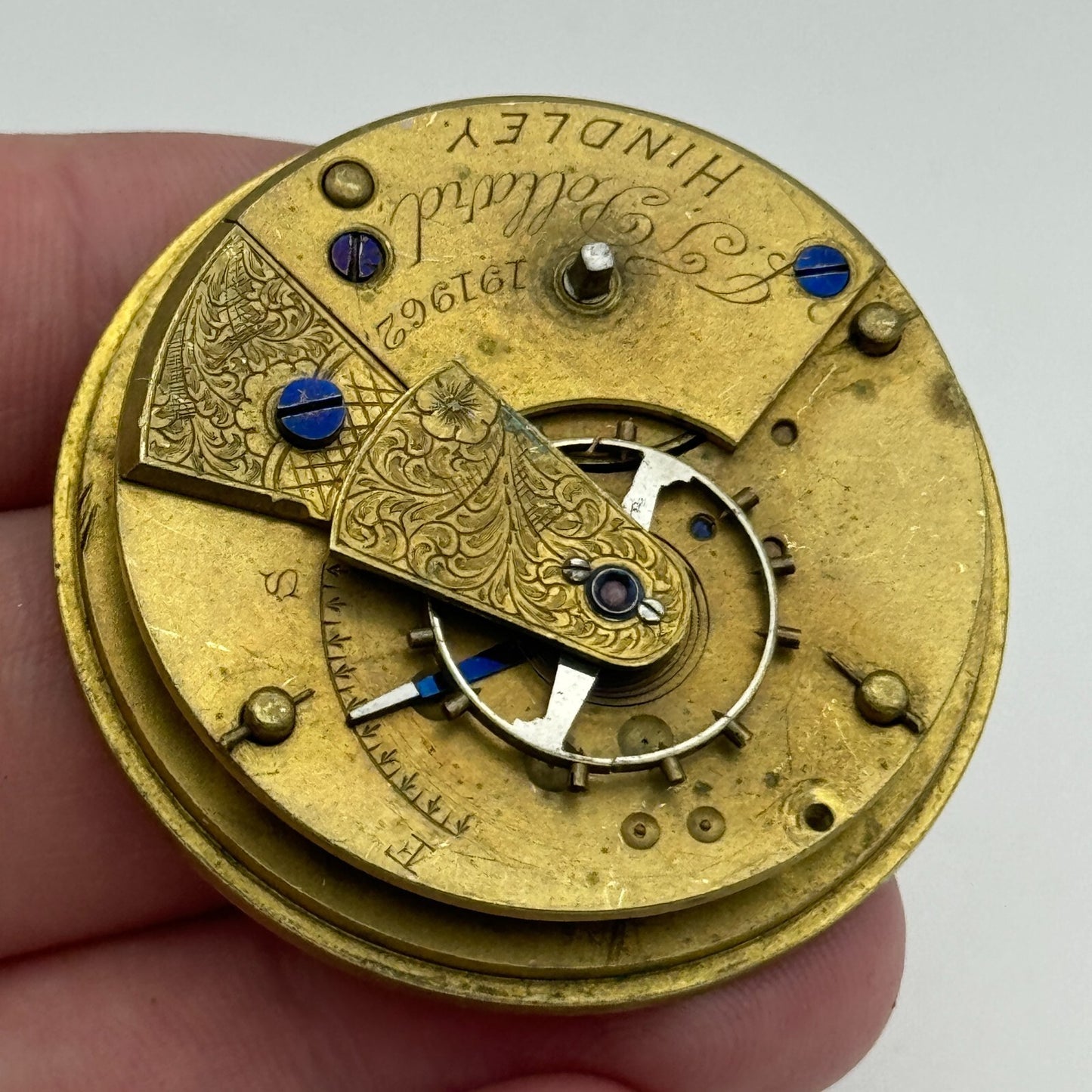 43.2mm Antique J J Pollard Hindley Key Wound Pocket Watch Movement PARTS REPAIR