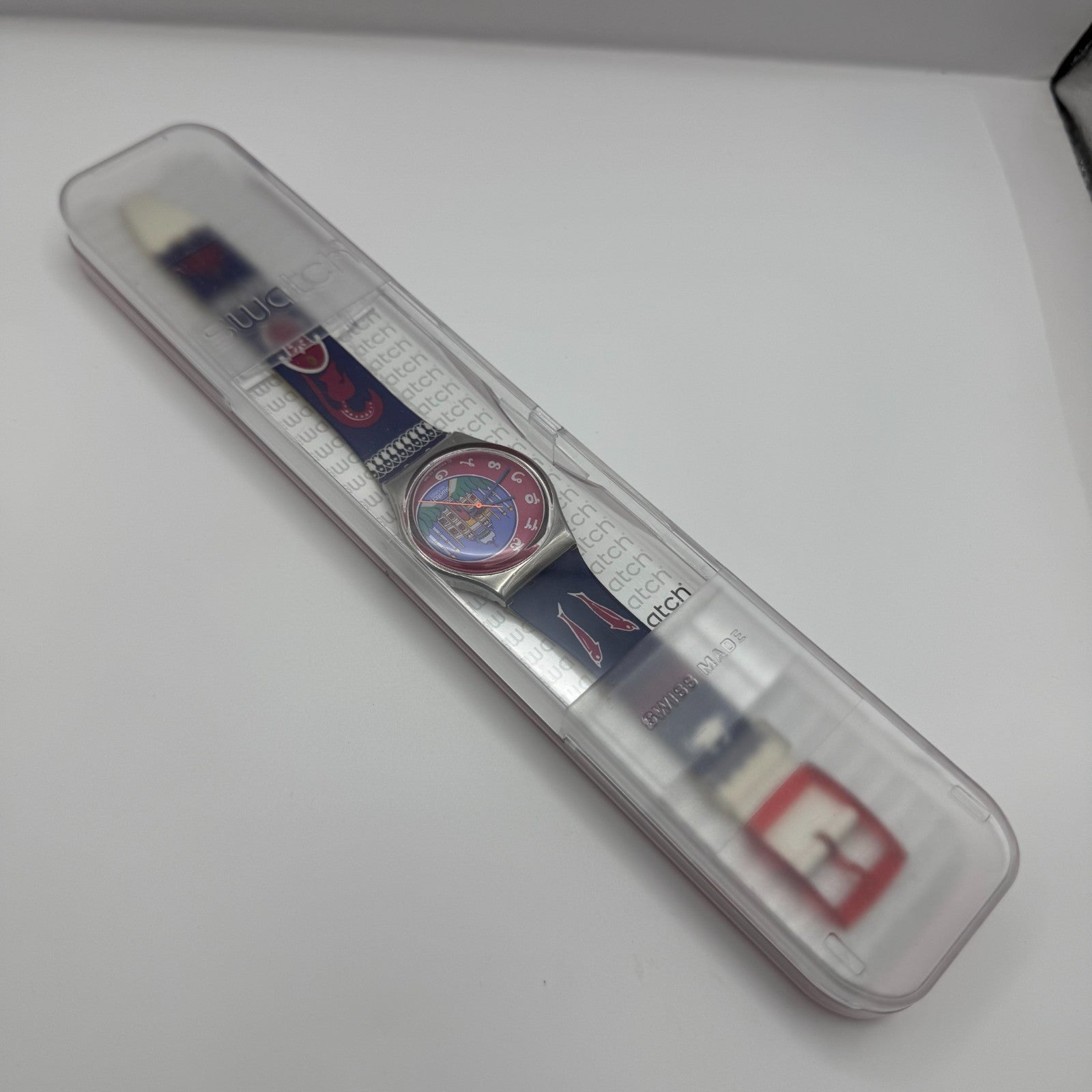 1992 Swatch Taj Mahal India Delhi Blue Strap Quartz Watch Swiss + Box 34mm