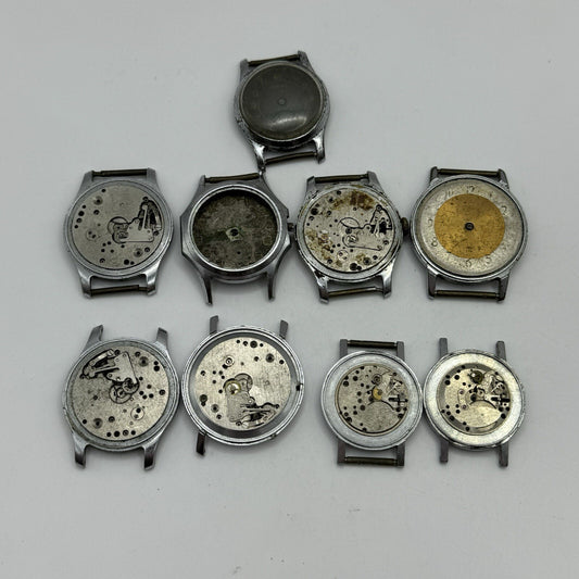 9 x Vintage Soviet Manual Wind Watch Heads For Parts Repair Job Lot Bundle