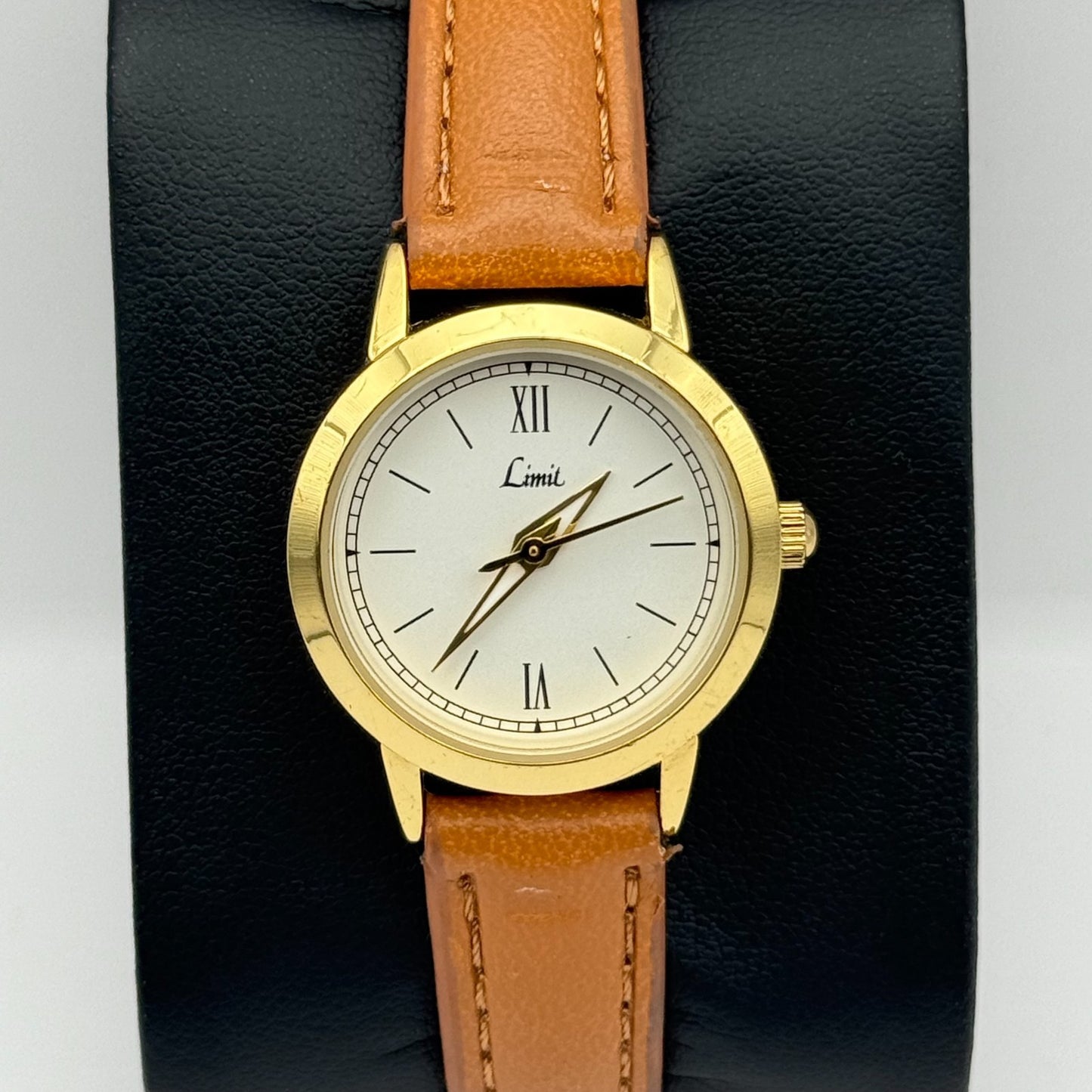 Limit Ladies Quartz Watch White Dial Gold Tone Case Brown Strap Working 25mm